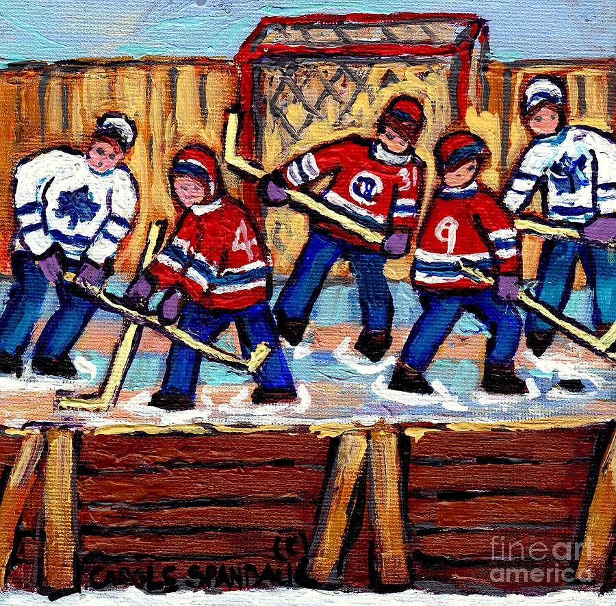 Pointe St Charles Hockey Rink Painting Leafs Vs Habs Quebec Winter Scene Hockey Art Carole Spandau #1 Painting by Carole Spandau