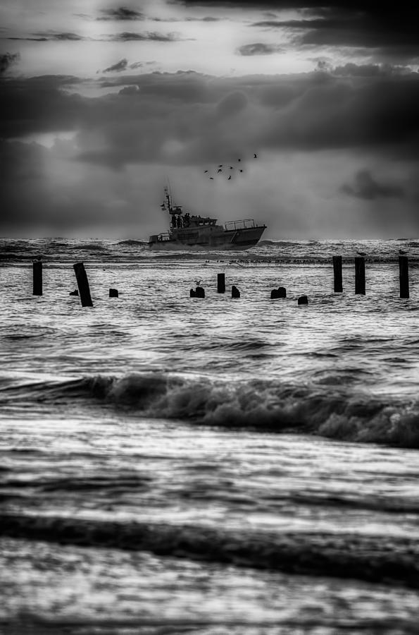 Outer Banks Fishing Boat at Sunrise BW Photograph by Dan Carmichael