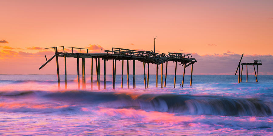 Outer Banks Sunrise over Frisco Fishing Pier Panorama Photograph by Ranjay Mitra