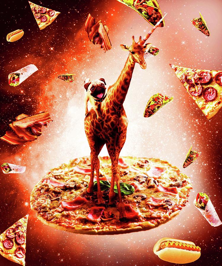Unicorn Digital Art - Outer Space Pug Riding Giraffe Unicorn - Pizza by Random Galaxy