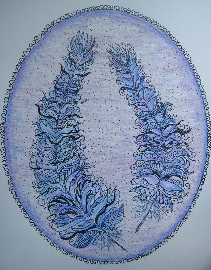 Oval with two tangled feathers Drawing by Megan Walsh