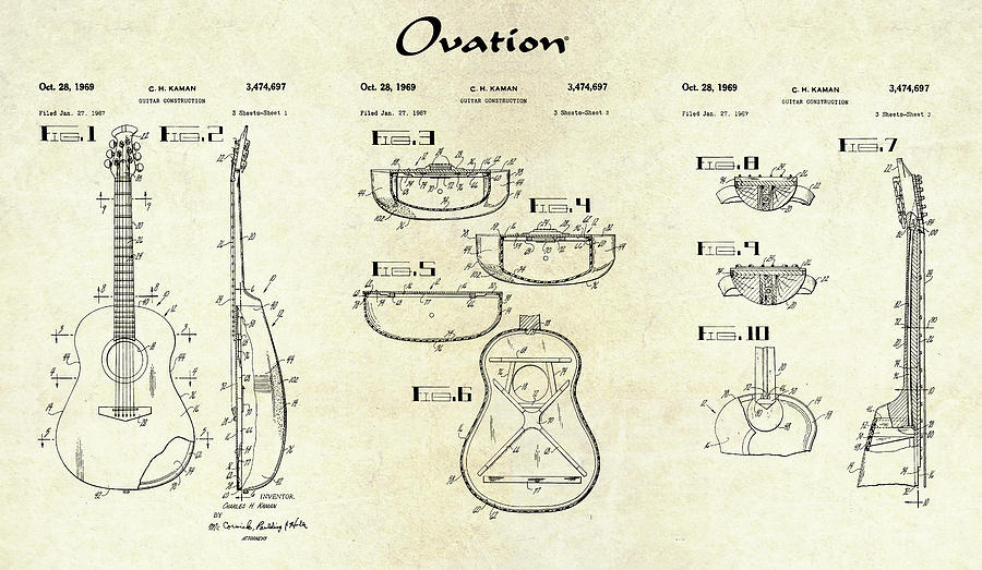 Guitar Still Life Digital Art - 1969 Ovation Guitar Patent Art S. 1-3 by Gary Bodnar