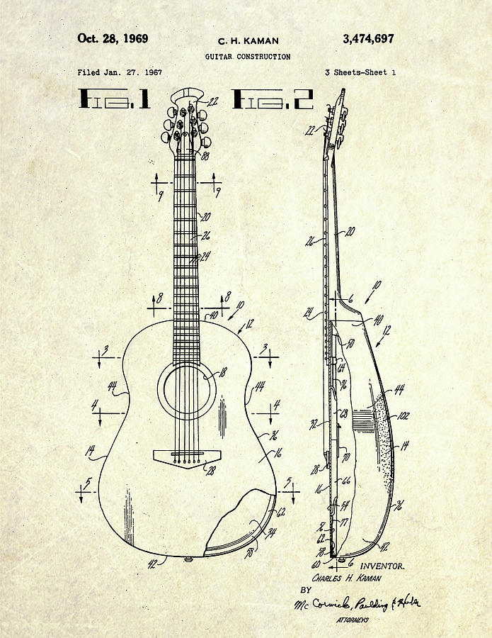 1969 Ovation Guitar Patent Art S. 1 Digital Art by Gary Bodnar
