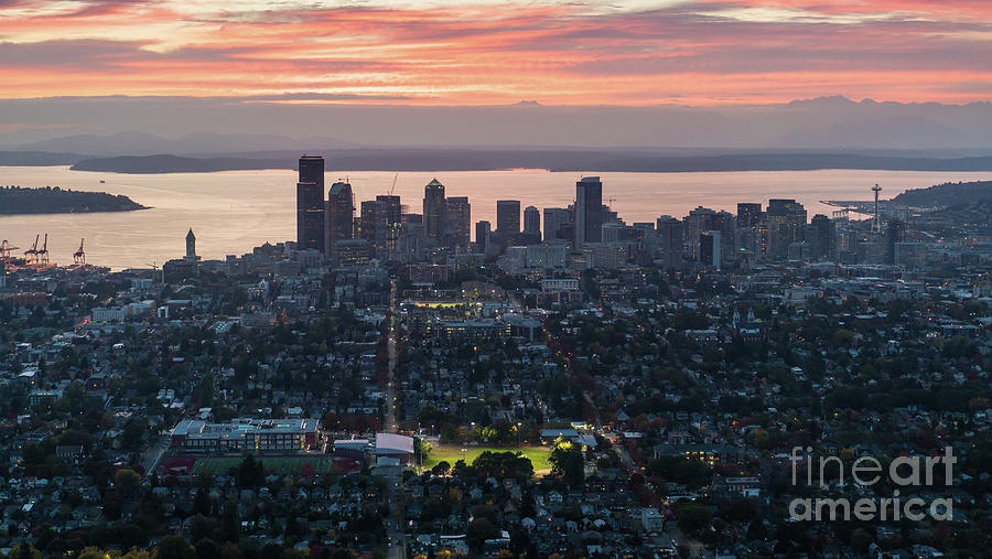 Over Seattle and Capitol Hill at Sunset Photograph by Mike Reid