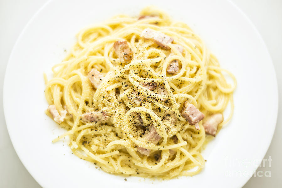 Overhead View Of Spaghetti Carbonara Italian Pasta Dish  Photograph by JM Travel Photography