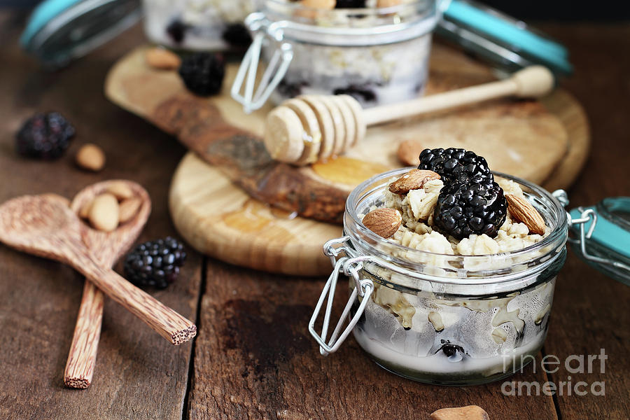 Overnight Oatmeal with Blackberries Almonds and Honey Photograph by Stephanie Frey
