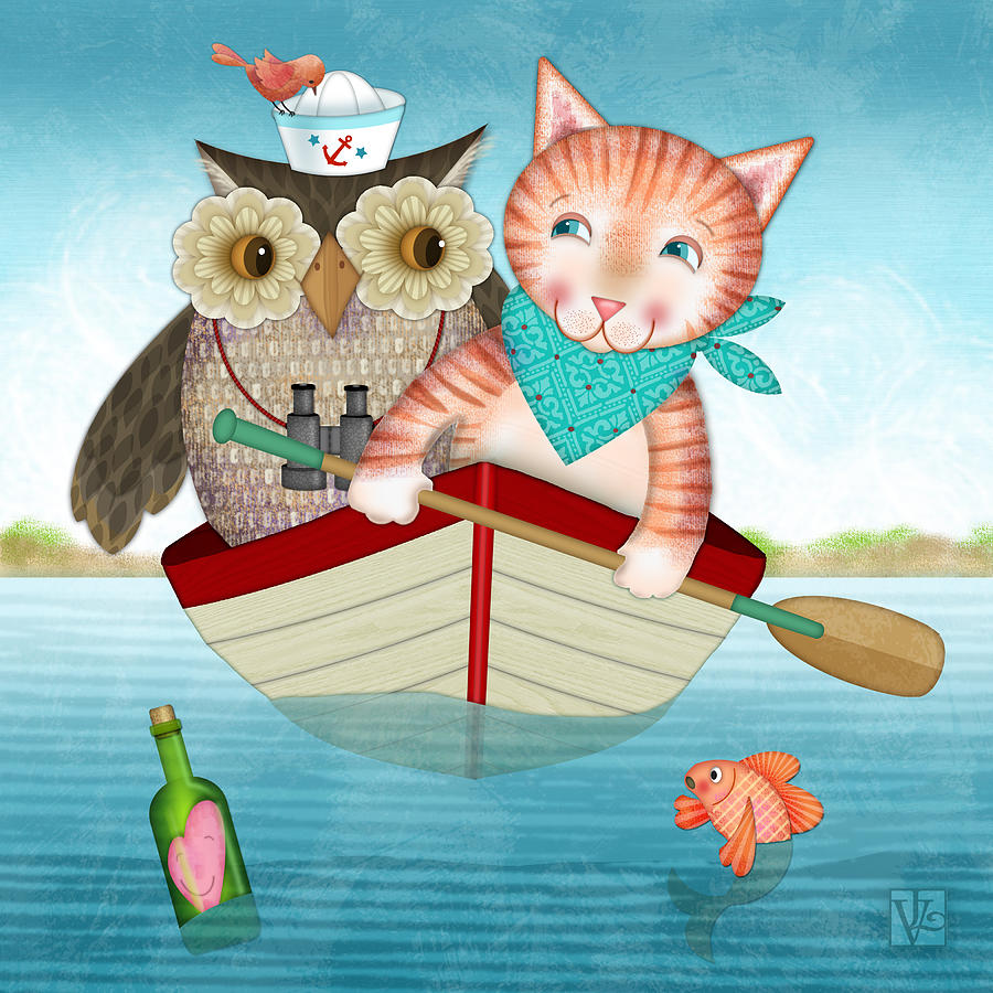 Owl and Cat Digital Art by Valerie Drake Lesiak