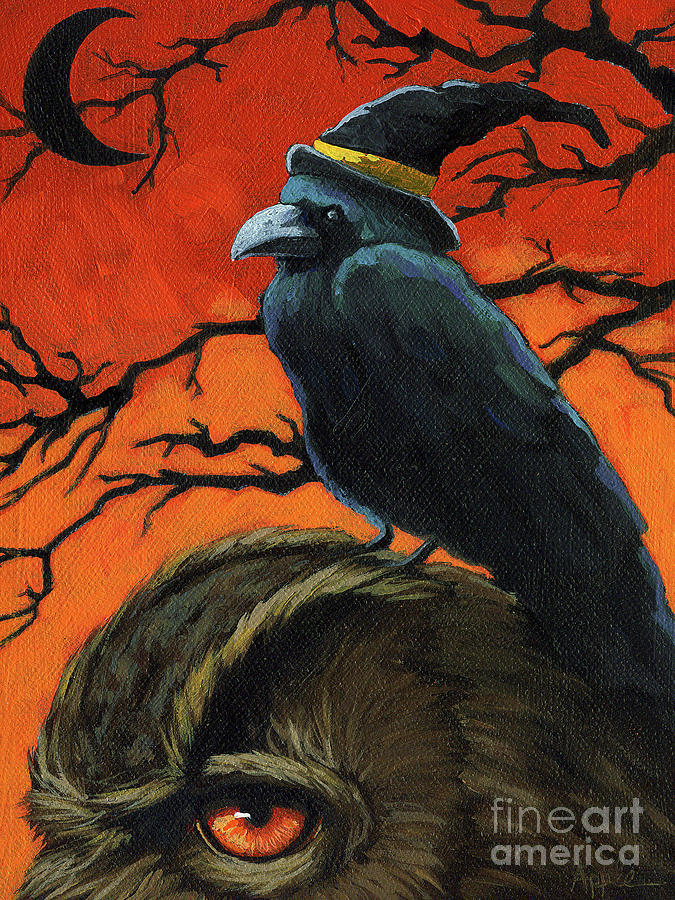 Owl and Crow Halloween Painting by Linda Apple