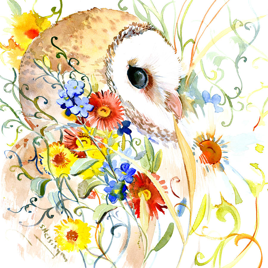Owl And Flowers Painting by Suren Nersisyan