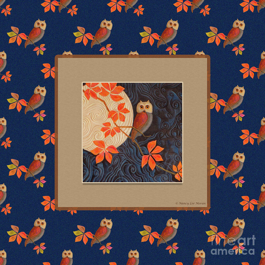 Owl and Moon on Midnight Blue Mixed Media by Nancy Lee Moran