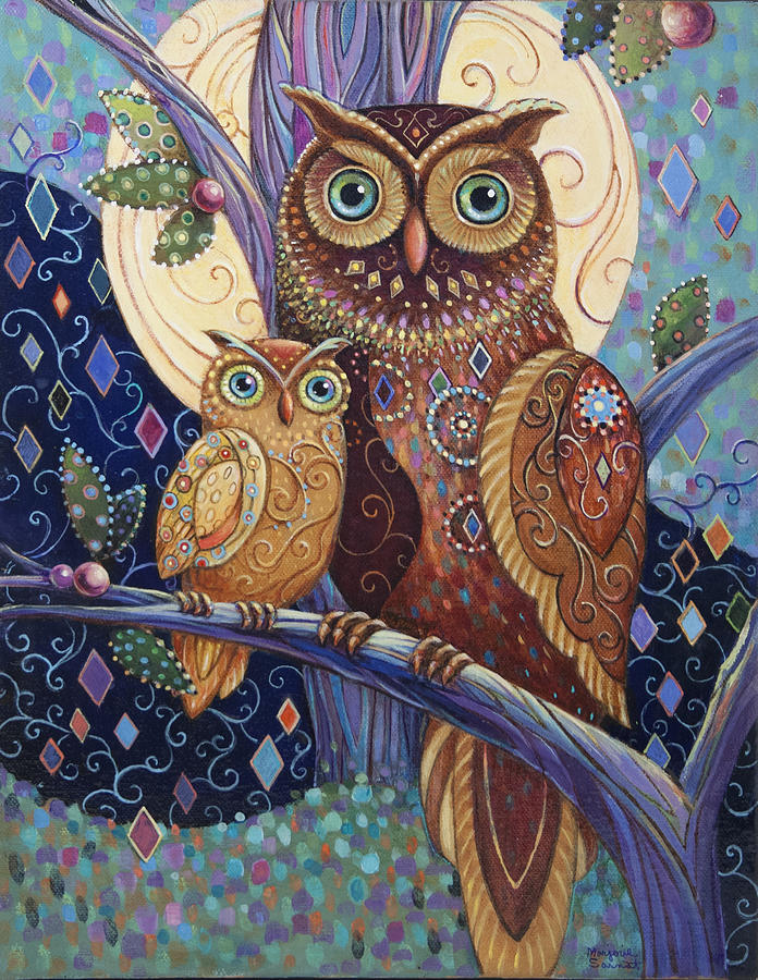 Owl Baby And Mother Painting by Marjorie Sarnat
