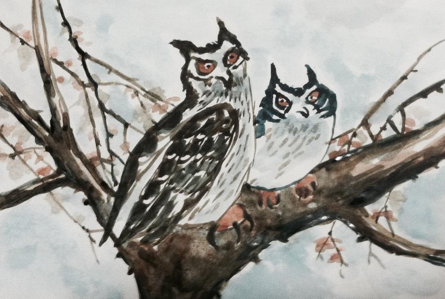 Owl family Painting by Hae Kim