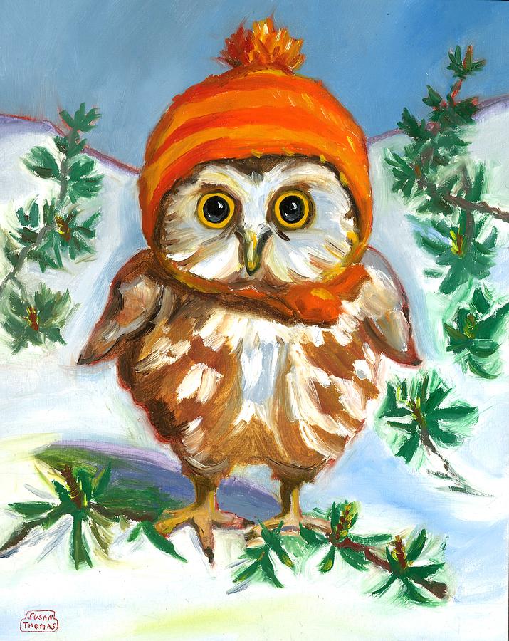 Owl in Orange Hat Painting by Susan Thomas
