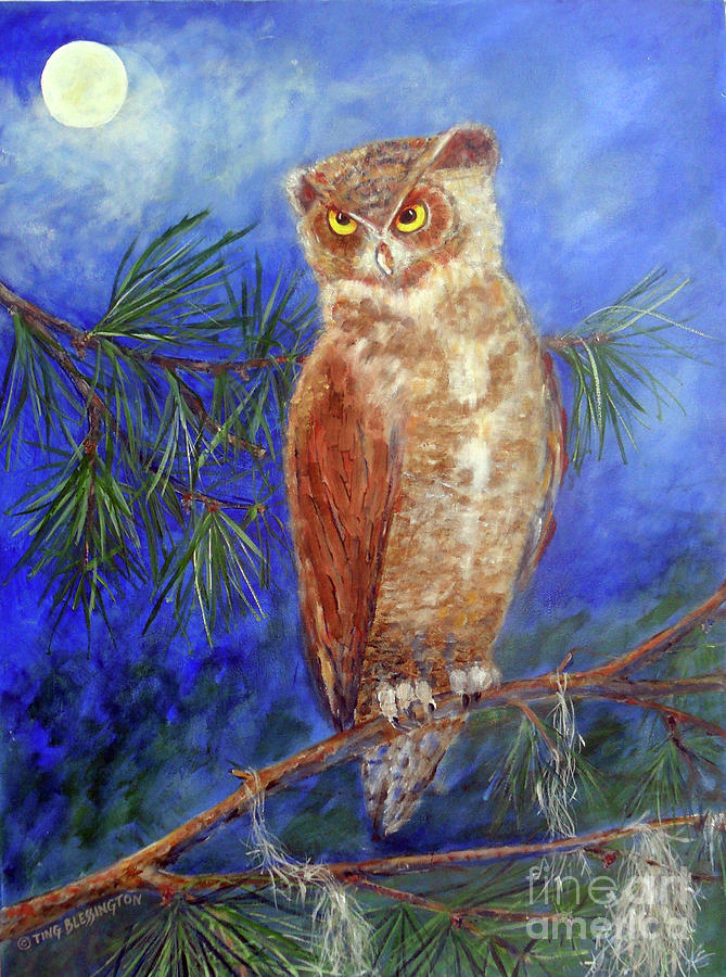 Owl Painting - Owl in Southern Pines Moonlight by Doris Blessington