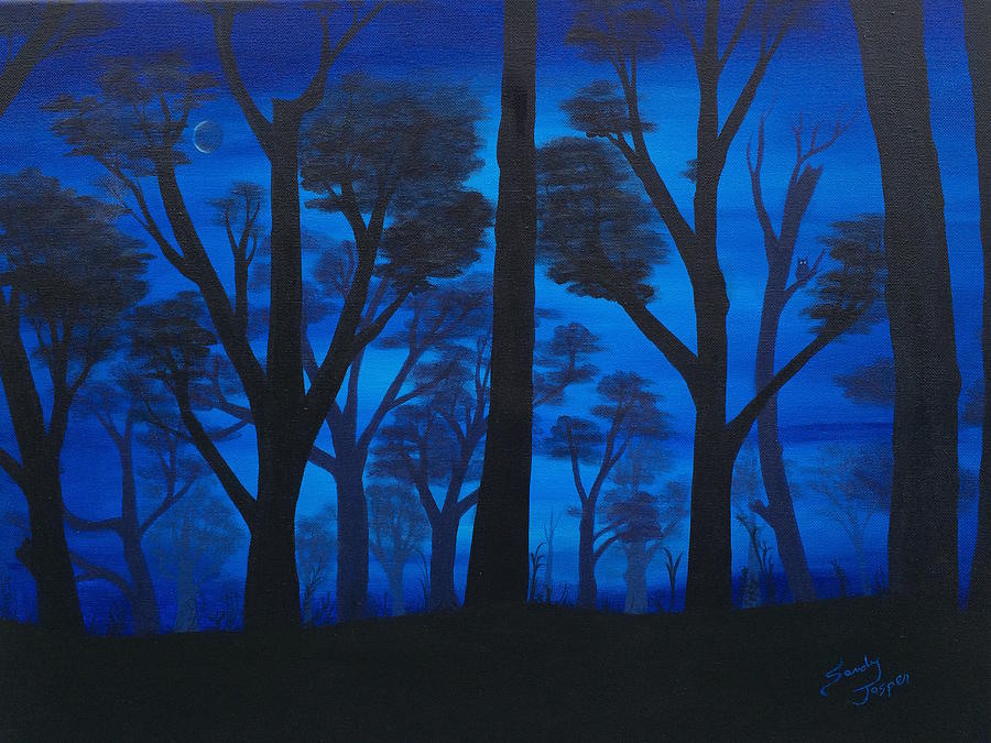 Owl In The Deep Blue Forest Painting By Sandy Jasper