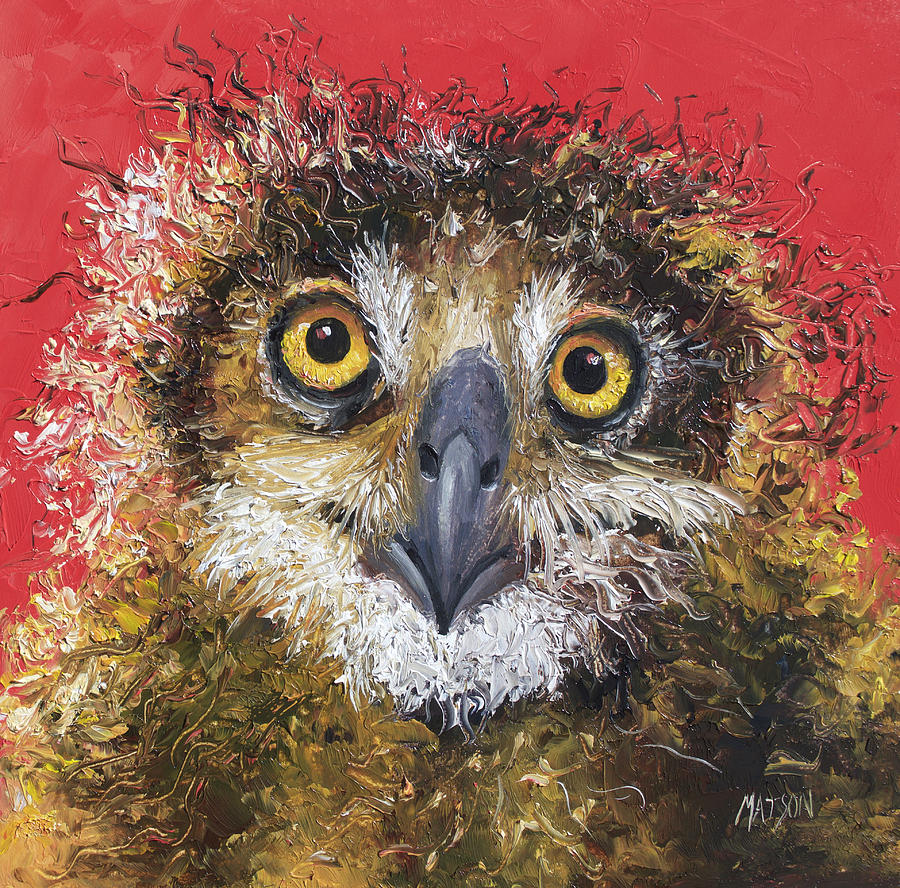 Owl Painting - Owl painting on red background by Jan Matson