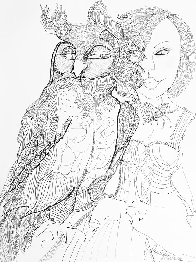Owl with Woman Drawing by Rosalinde Reece