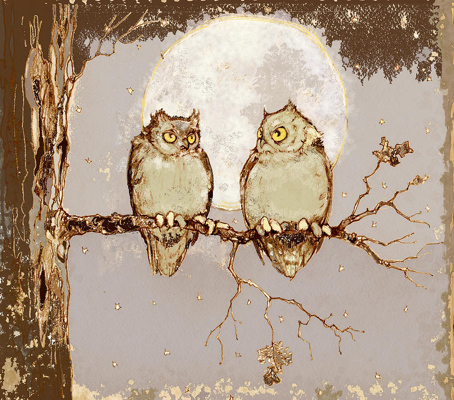 Owls in Moonlight II Mixed Media by Peggy Wilson