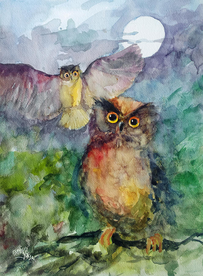 Owls In The Night... Painting by Faruk Koksal