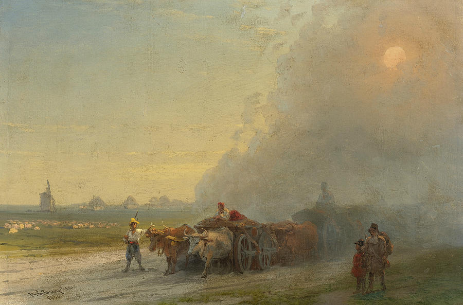 Ox-carts in the Ukrainian steppe Painting by Ivan Aivazovsky