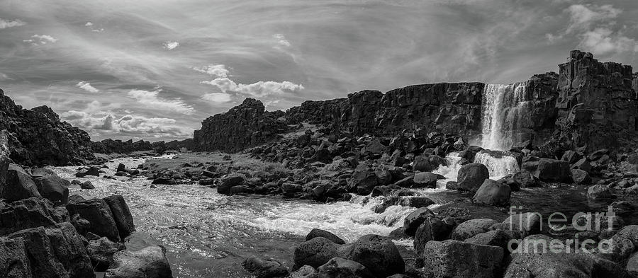 Oxararfoss Iceland Waterfall Pano BW Photograph by Michael Ver Sprill