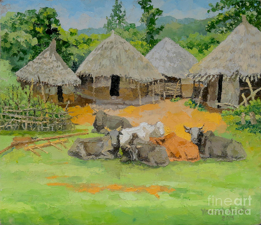 Oxen waiting when Farmer for Lunching Painting by Yoseph Abate - Pixels