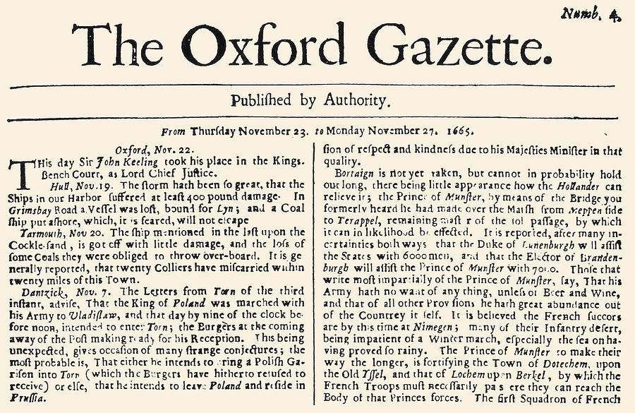 Oxford Gazette, 1665 Photograph by Granger