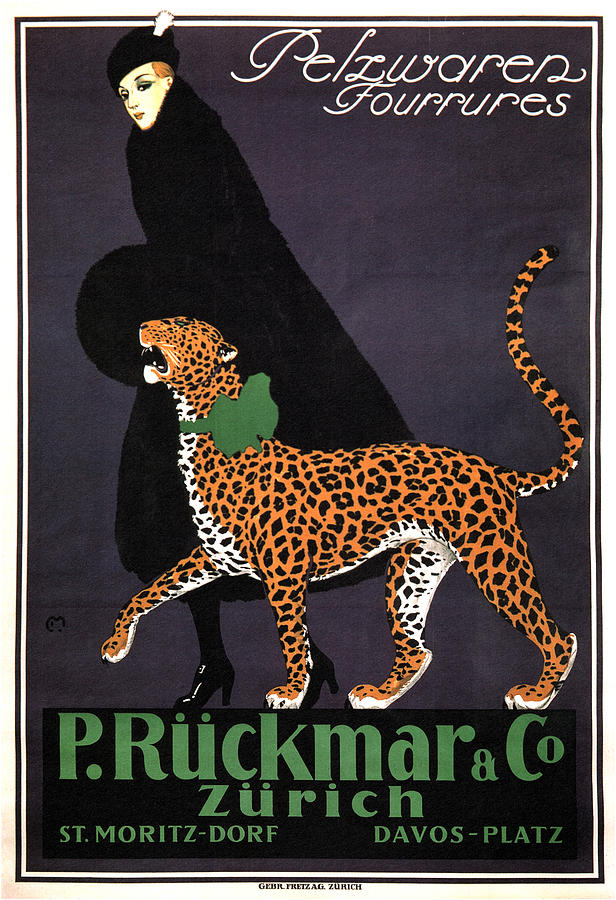 P Ruckmar and Co, Zurich - Switzerland - Lady, Cheetah, Fur Jacket - Vintage Fashion Advertisement Mixed Media by Studio Grafiikka