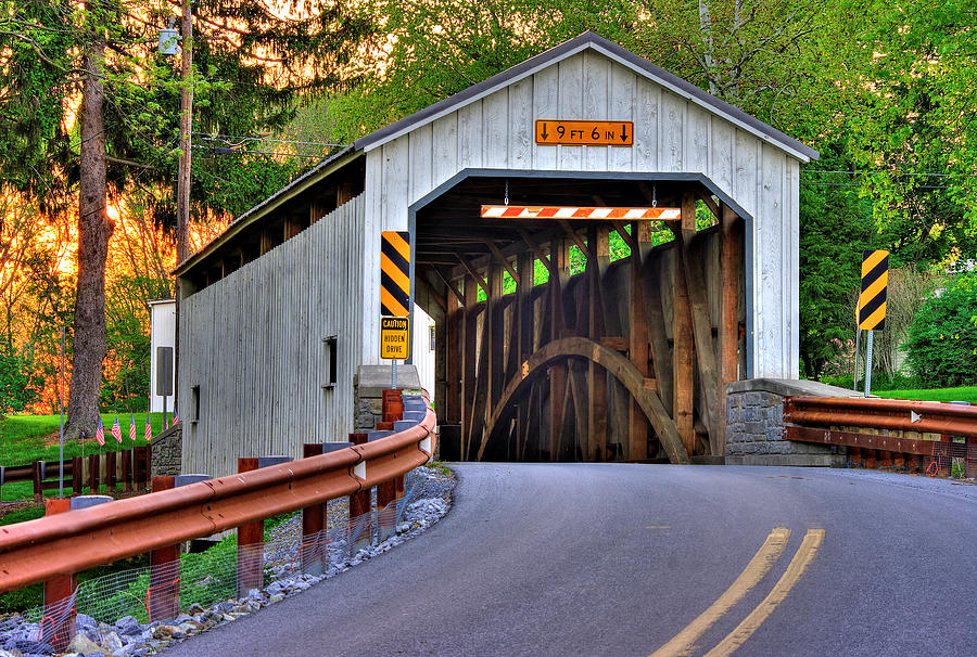 PA Country Roads - Kellers Mill Covered Bridge Over Cocalico Creek No. 1 - Sunset Lancaster County Photograph by Michael Mazaika