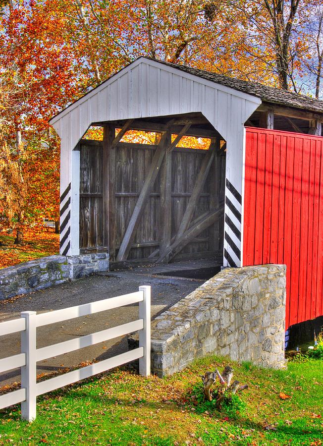 PA Country Roads - Willow Hill Covered Bridge Over Millers Run #4 Close - Lancaster County Autumn Photograph by Michael Mazaika