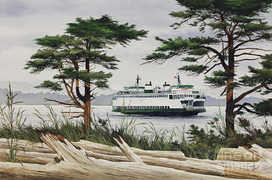 Pacific Northwest Painting - Island Shore - Washington State Ferry by James Williamson