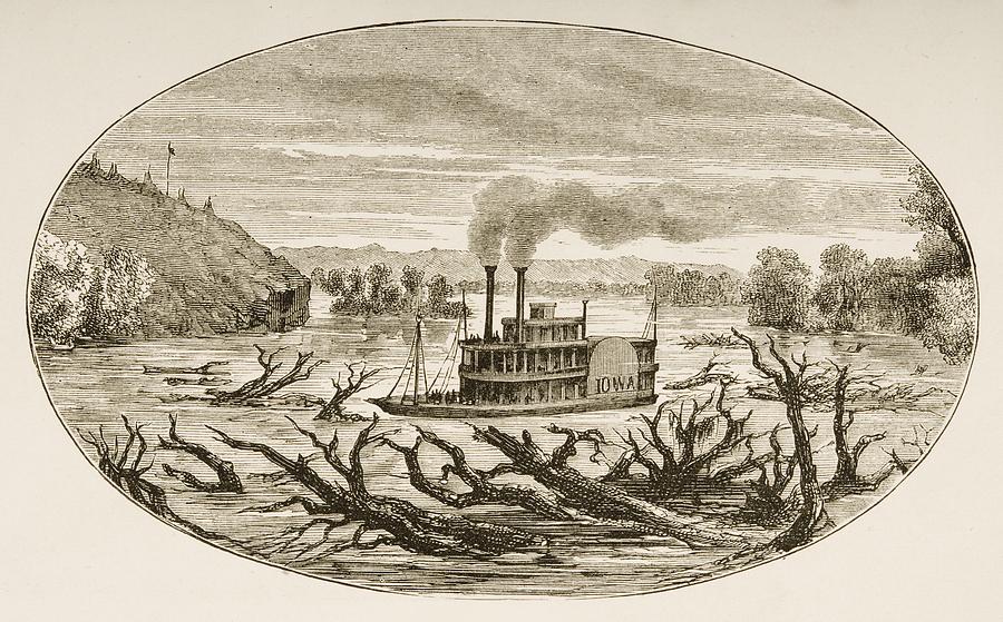 Transportation Drawing - Paddle Steamer On The Upper Missouri In by Vintage Design Pics
