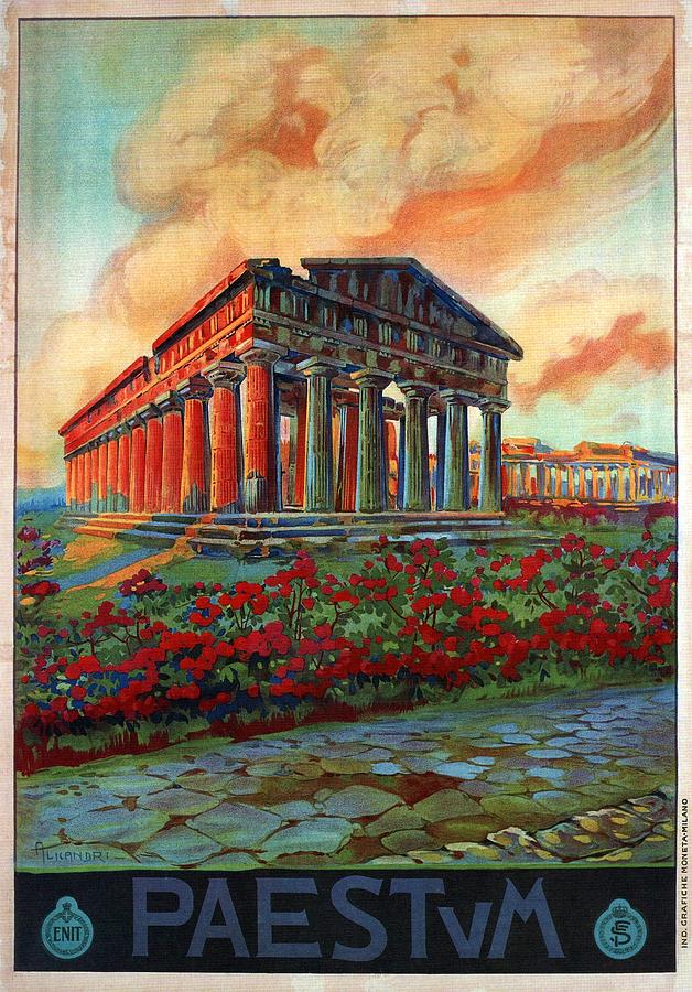 Paestum, Italy - Temple Of Naptune - Retro Travel Poster - Vintage Poster Mixed Media