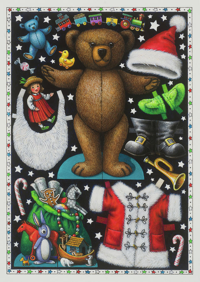 Page 1 of 2 Teddy Bear santa Claus Paper Doll Painting by Lynn Bywaters
