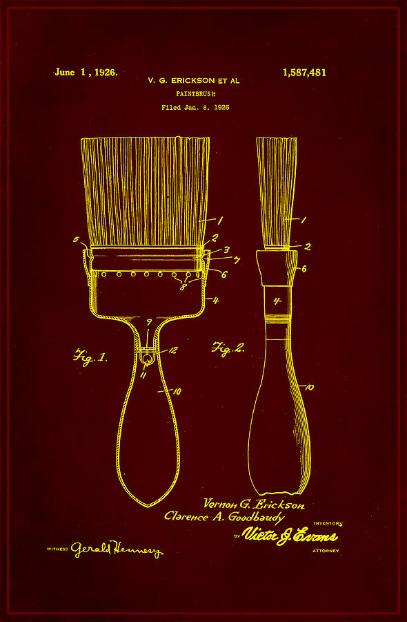 Paintbrush Patent Drawing 1b Mixed Media by Brian Reaves