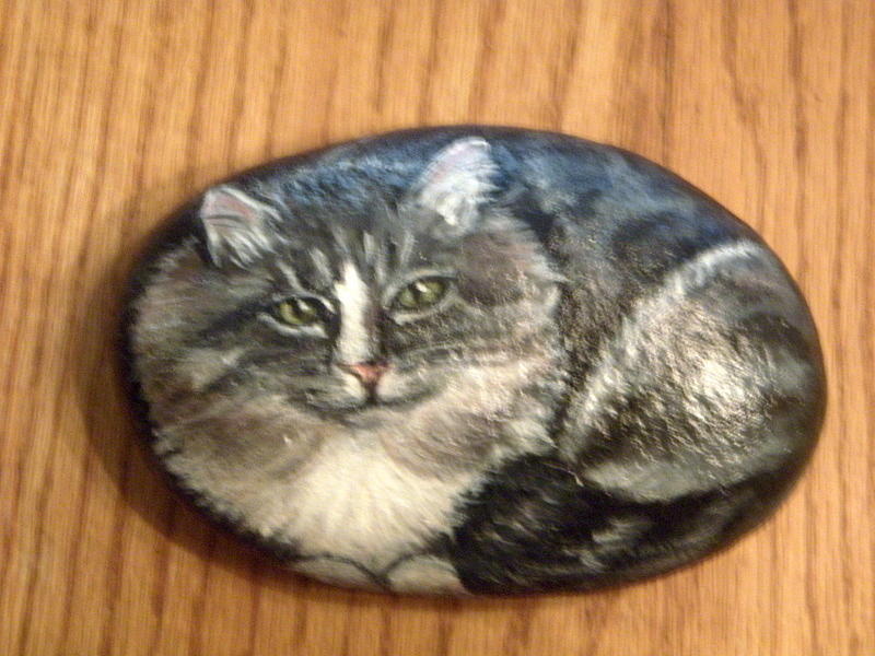 Painted Cat on Rock Mixed Media by Linda Nielsen