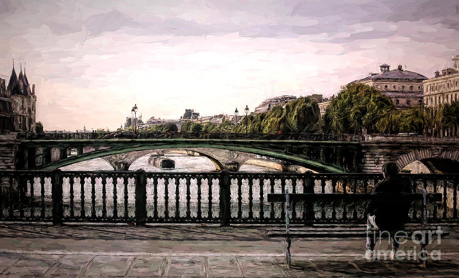 Paris Digital Art - Painted Effect Filter Bridge over Seine River Paris  by Chuck Kuhn