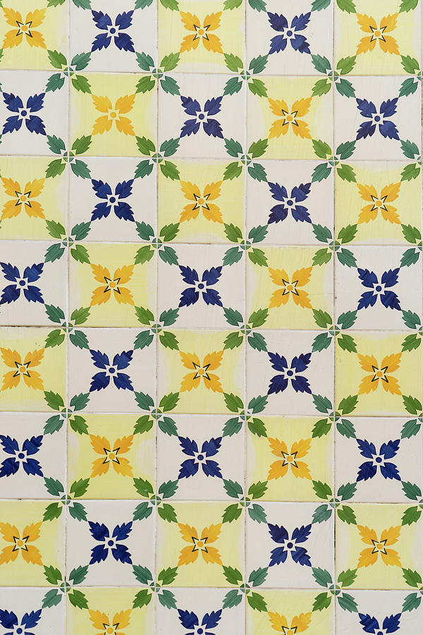 Painted Patterns - Floral Azulejo Tiles in Blue Green and Yellow Photograph by Georgia Mizuleva