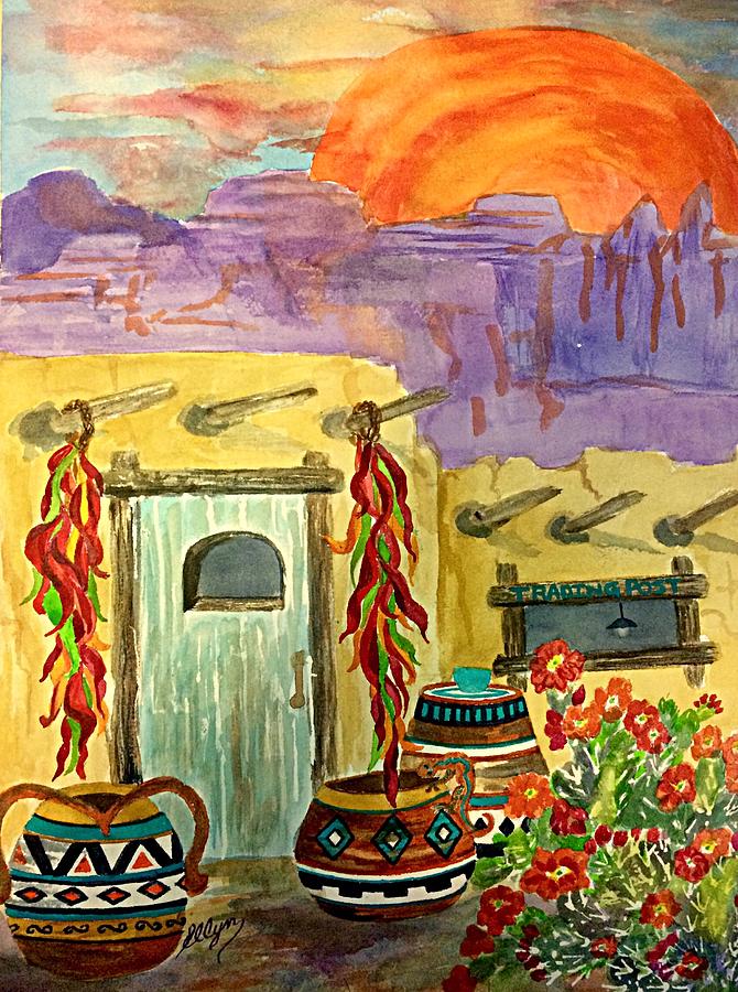 Painted Pottery and Chili Ristras Painting by Ellen Levinson