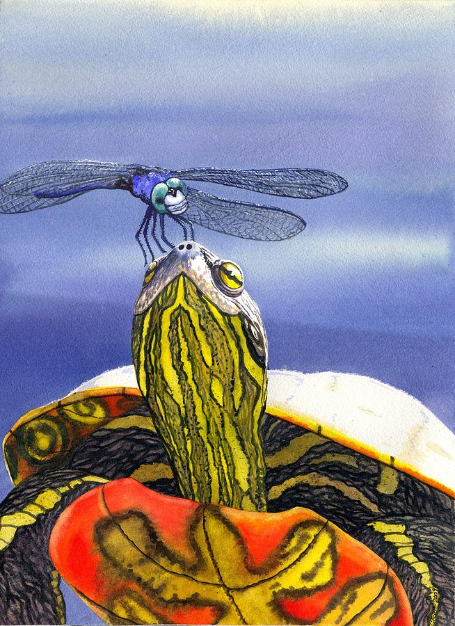 Turtle Painting - Painted Turtle and Dragonfly by Catherine G McElroy