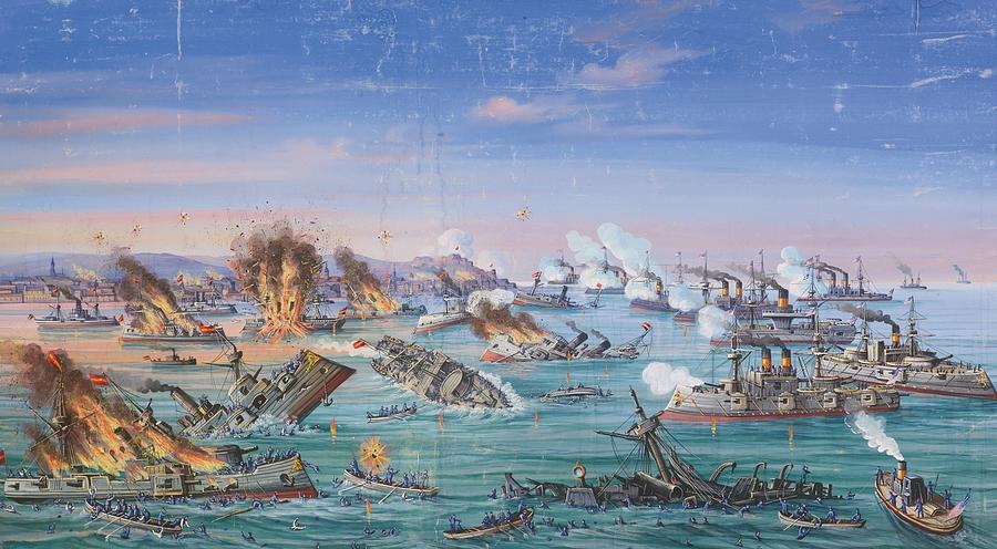 Painted Wallpaper Panel,sea Battle In The Bay Of Manila Painting by MotionAge Designs