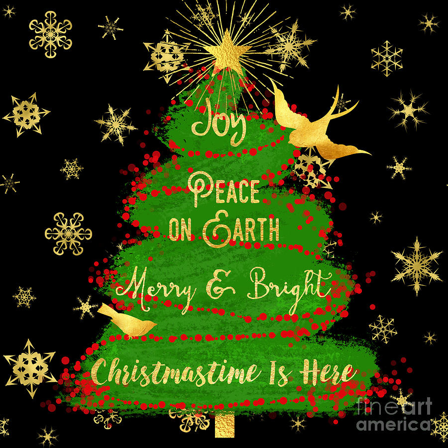 Painterly Christmas Tree, Joy, Peace on Earth, gold text art Painting