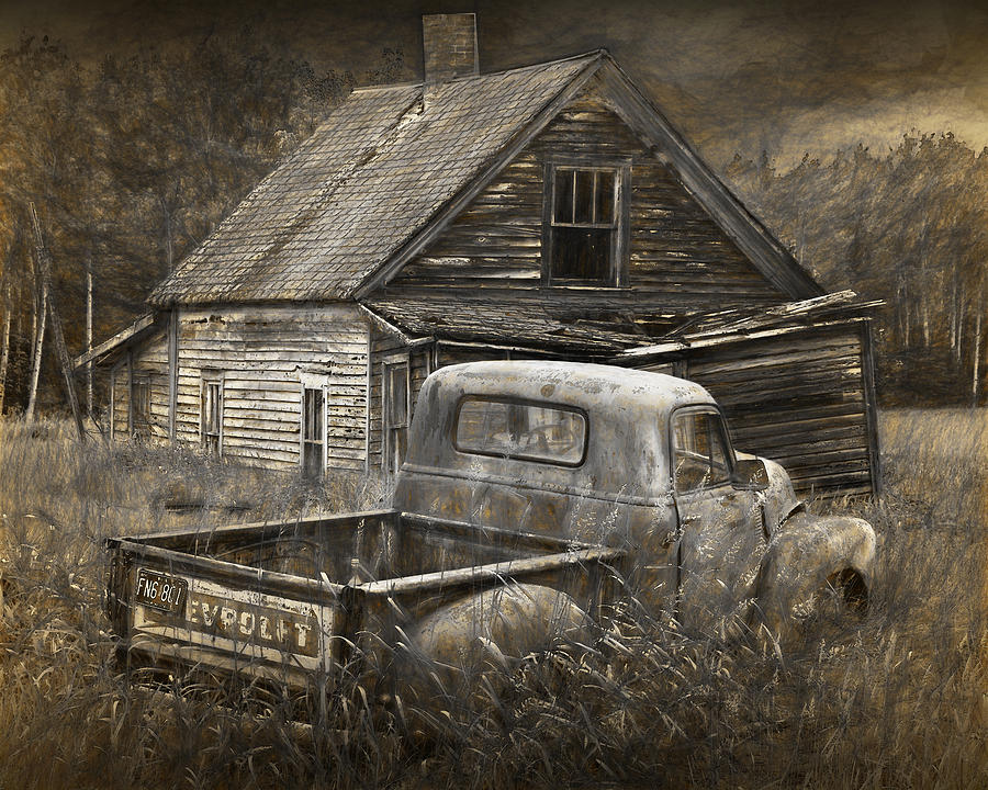 Painterly Effects of an old Chevy Pickup with abandoned farm house Photograph by Randall Nyhof