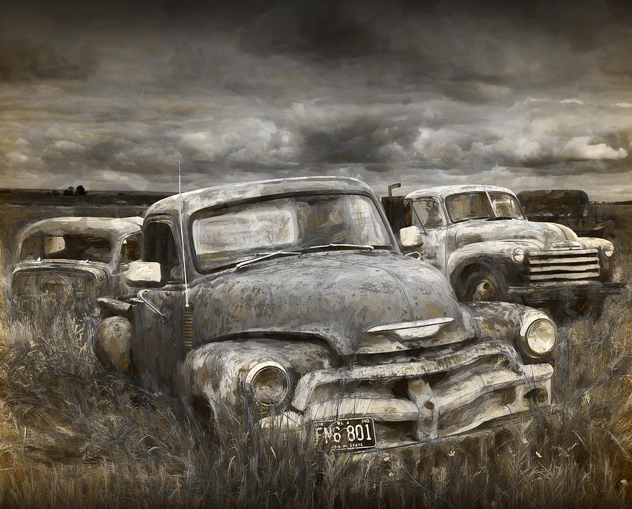 Vintage Photograph - Painterly Photograph of a Junk Yard with Vintage Auto Bodies by Randall Nyhof