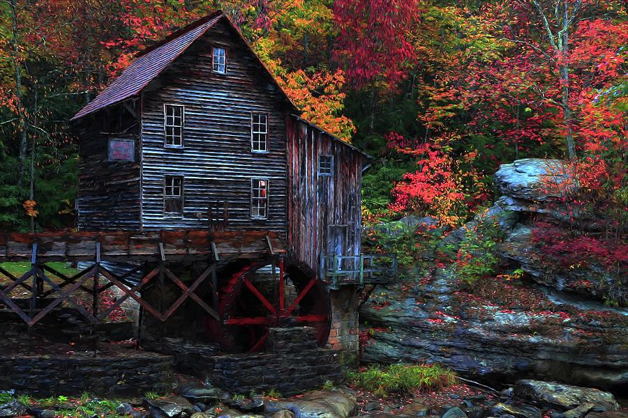 Painting Babcock State Park Glades Creek Grist Mill West Virginia Photograph by Carol Montoya