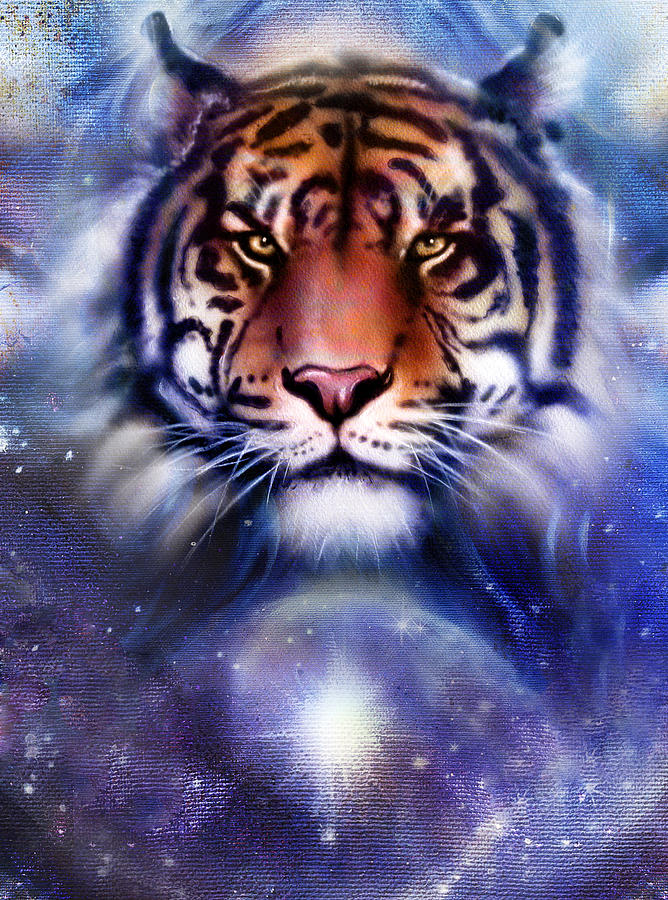 Painting Fire Tiger On Color Space Background, Wildlife Animals ...