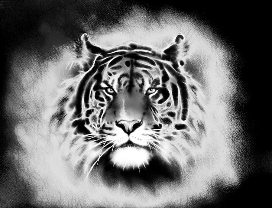 painting of a bright mighty tiger head on a soft toned abstract