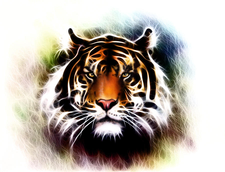 Painting Of A Bright Mighty Tiger Head On A Soft Toned Abstract ...