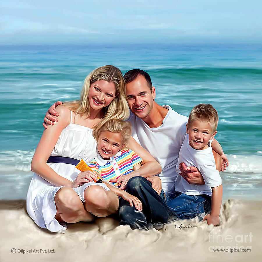 Painting of a family rejoicing on beach Digital Art by Oilpixel - Pixels