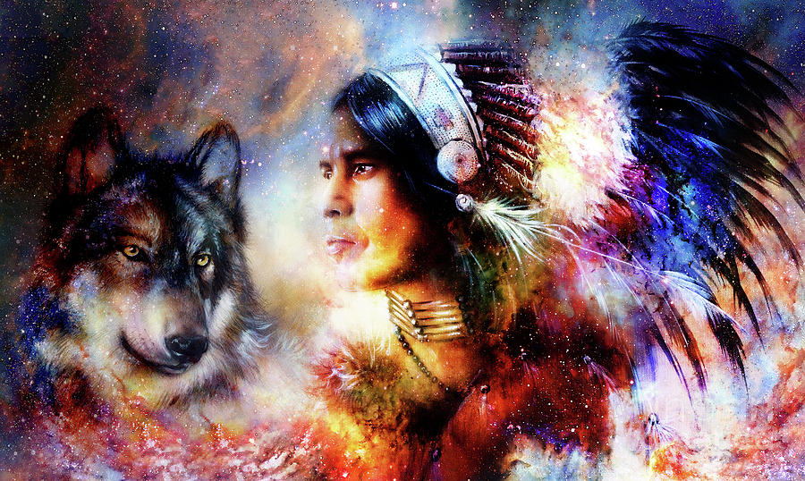 Space Painting - painting of a young indian warrior wearing a gorgeous feather headdress with wolf. Cosmic background. profile portrait. by Jozef Klopacka